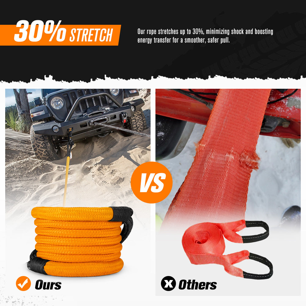 San Hima Kinetic Tow Rope 41000lbs 1"x30ft Snatch Strap Orange w/ Soft Shackle