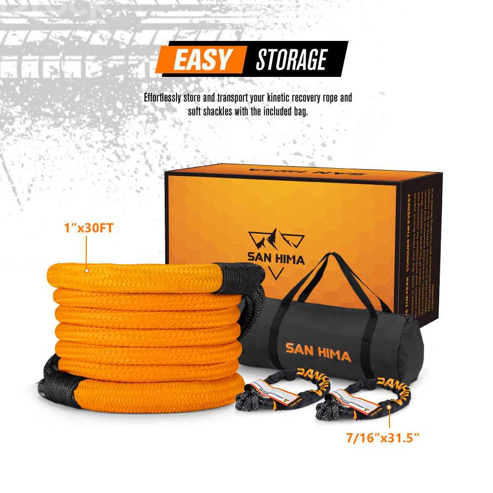 San Hima Kinetic Tow Rope 41000lbs 1"x30ft Snatch Strap Orange w/ Soft Shackle