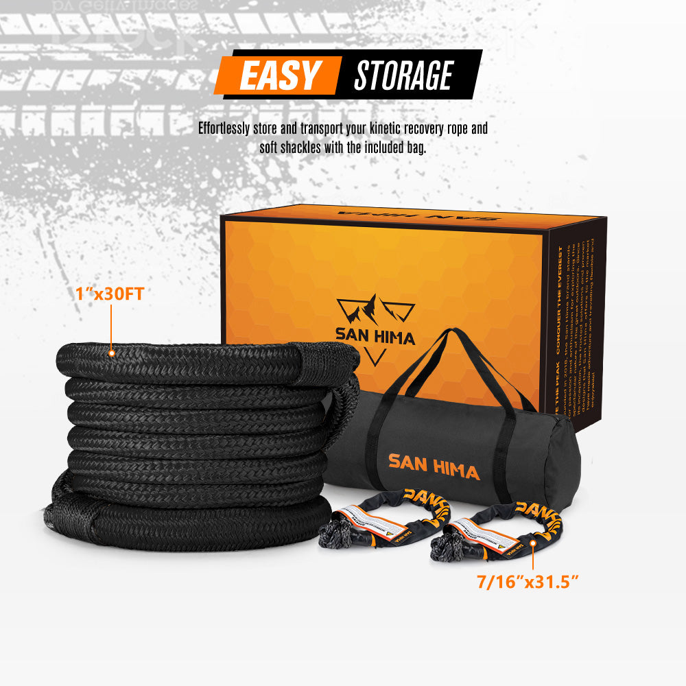 San Hima Kinetic Tow Rope 41000lbs 1"x30ft Snatch Strap Black w/ Soft Shackle